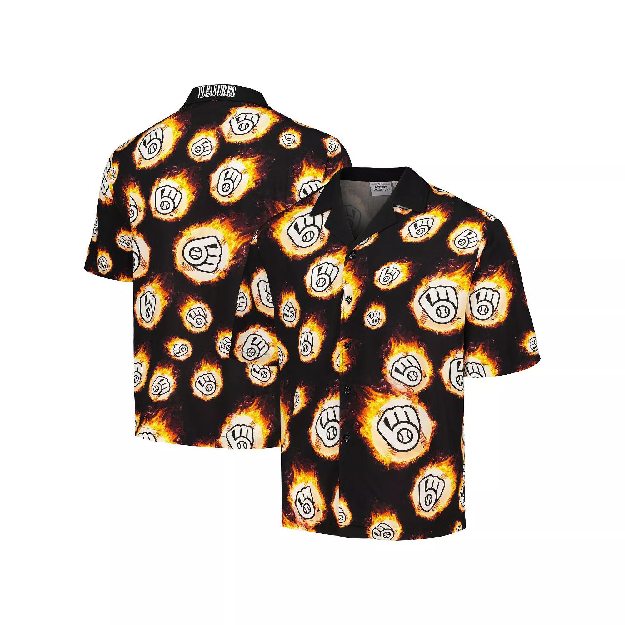 Men's Black Milwaukee Brewers Flame Fireball Button-Up Shirt, Size: Large Product Image