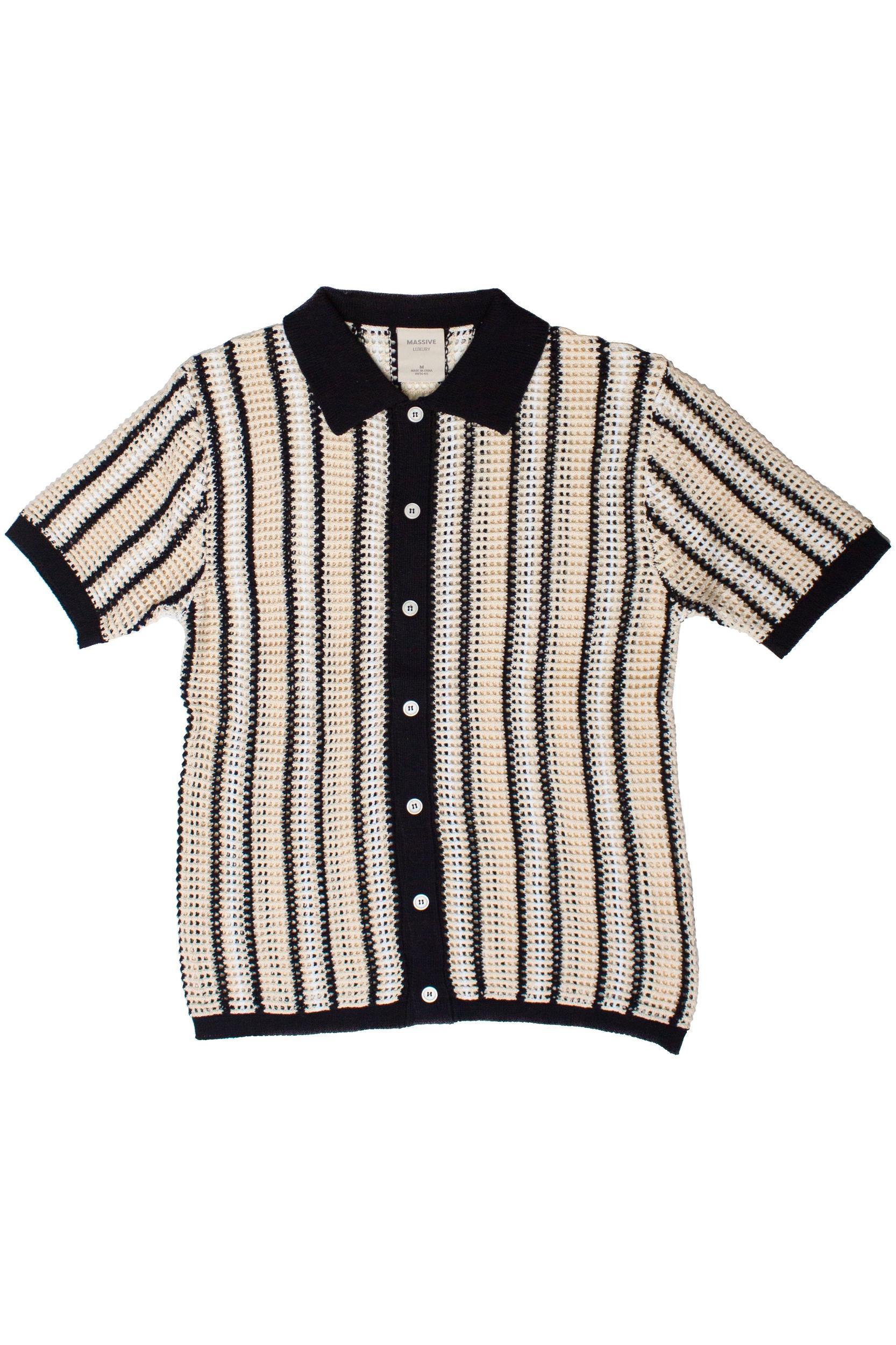 Striped Knit Mesh Button Up Shirt Product Image
