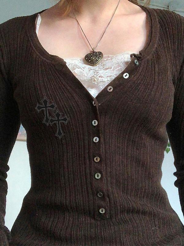 Cross Print Lace Paneled Button Long Sleeve Knit Top Product Image