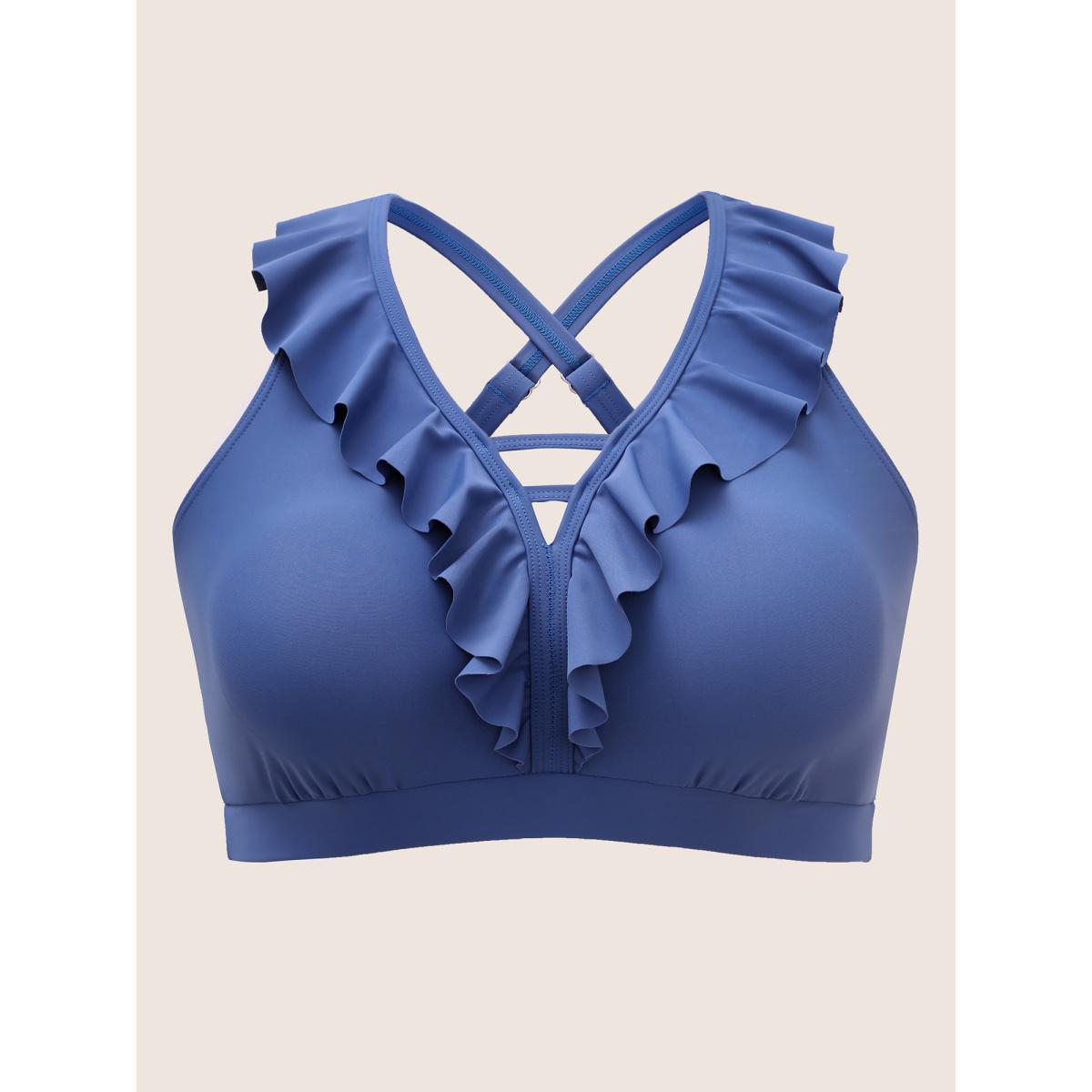Plus Size Plain Keyhole Ruffle Trim Swim Top Women's Swimwear Indigo Beach Cut-Out High stretch Skinny V-neck Curve Swim Tops BloomChic 12/L Product Image