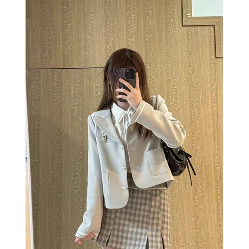 Lapel Collared Plain Single Breasted Crop Blazer / Collared Plain Shirt / High Waist Plaid Mini Pencil Skirt / Set Product Image