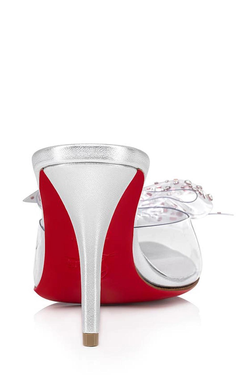 CHRISTIAN LOUBOUTIN Aqua Crystal Clear Floral Red Sole Slide Sandals In Silver Product Image