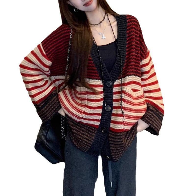 V-Neck Striped Button-Up Cardigan Product Image