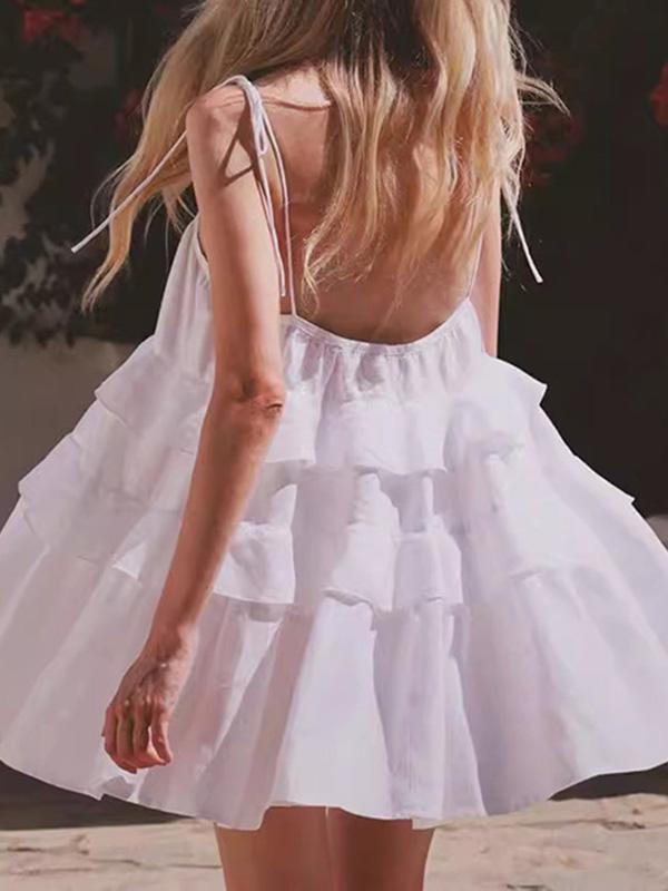 A-Line High Waisted Backless Layered Pleated Solid Color Spaghetti-Neck Mini Dresses Product Image