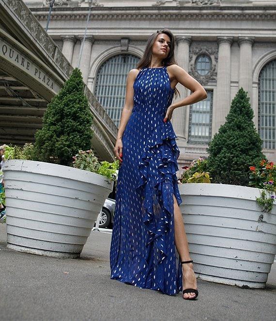 Betsy & Adam Petite Size Metallic Front Ruffled Slit Halter Neck Sleeveless Gown Product Image