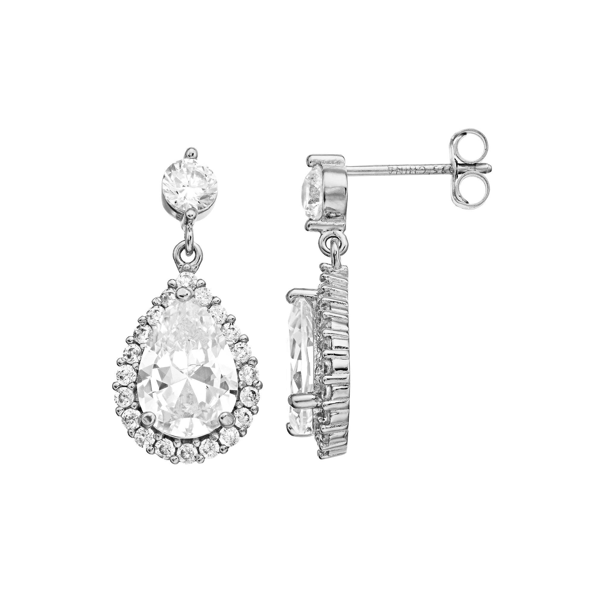 Sterling Silver Cubic Zirconia Halo Teardrop Earrings, Womens Product Image