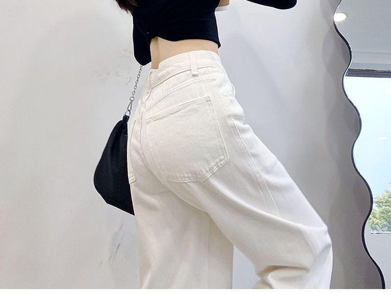 High Rise Plain Straight-Fit Wide-Leg Jeans Product Image