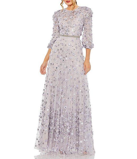 Mac Duggal Sequin Floral Applique Illusion Crew Neck 3/4 Sleeve Gown Product Image