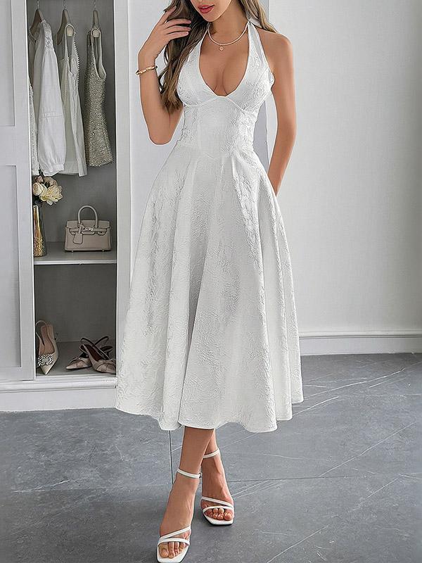 A-Line High Waisted Backless Drawstring Jacquard Pleated Solid Color Tied Deep V-Neck Midi Dresses Product Image
