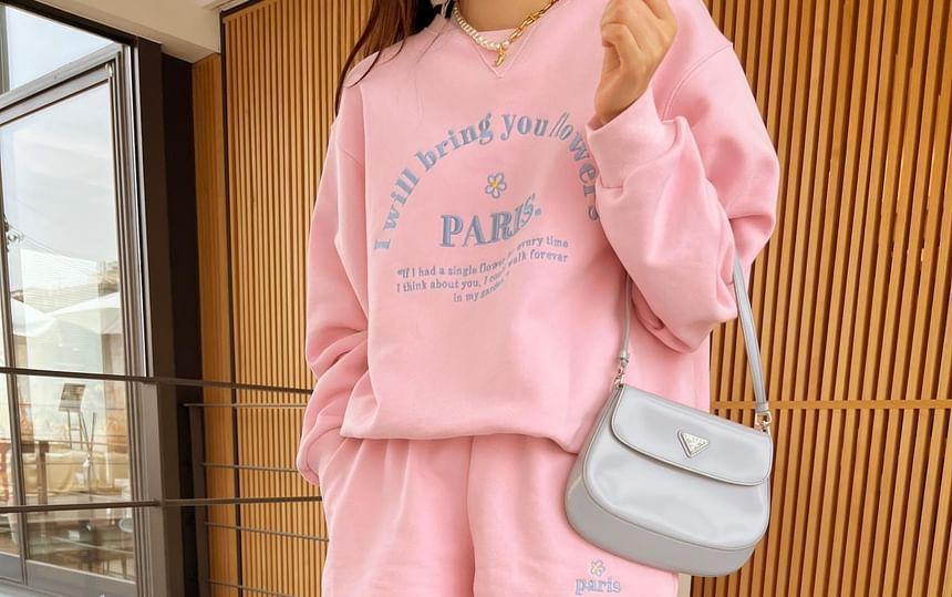 Round Neck Lettering Embroidered Sweatshirt / Elastic Waist Sweat Shorts Product Image