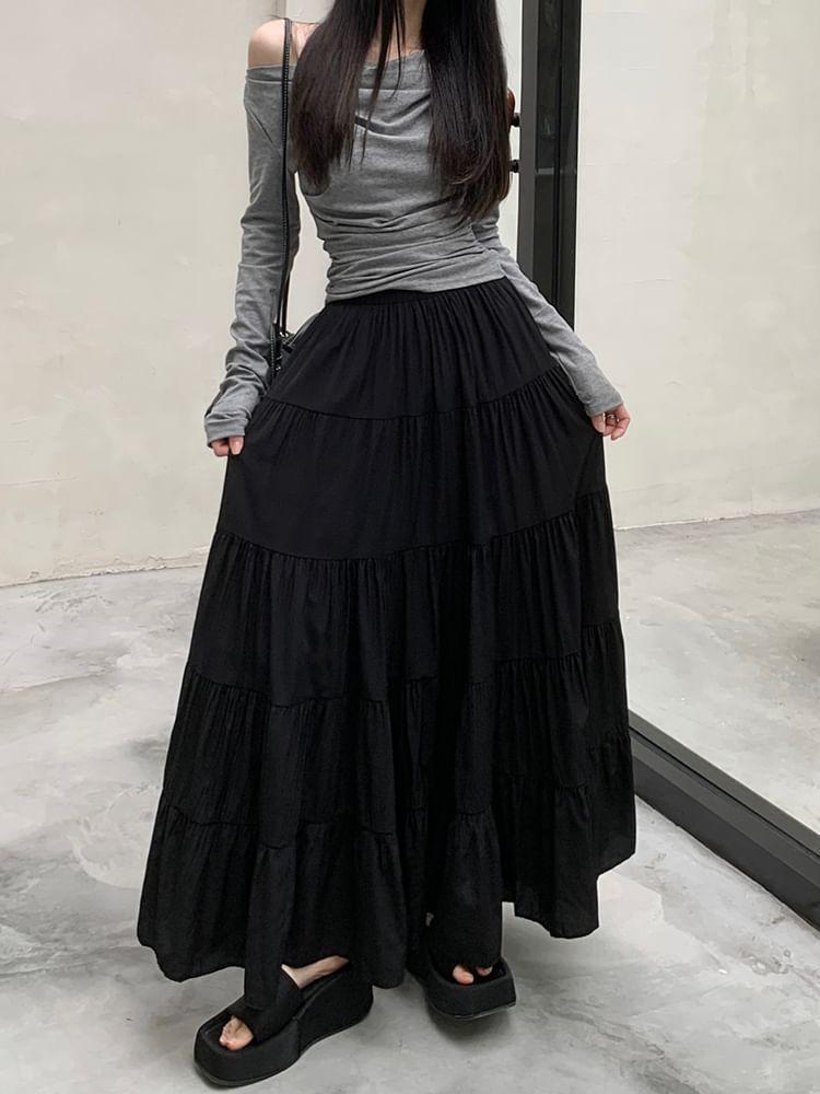 Elastic Waist Plain Tiered Maxi A-Line Skirt Product Image