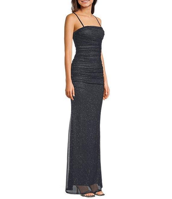 Pear Culture Glitter Mesh Ruched Long Dress Product Image