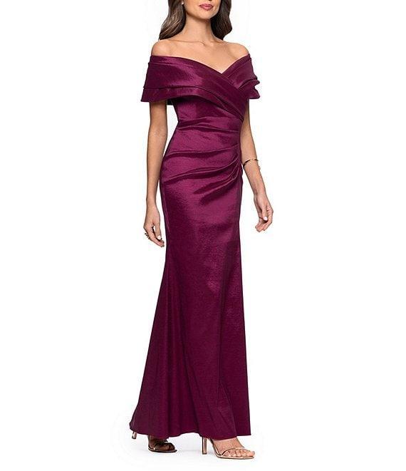 Betsy & Adam Off-the-Shoulder Stretch Taffeta Sheath Gown Product Image