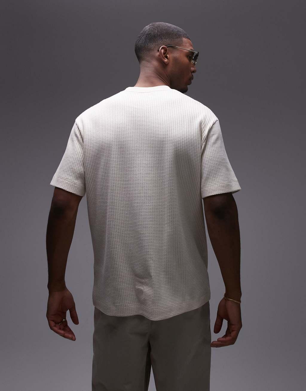 Topman oversized fit waffle T-shirt in ecru Product Image