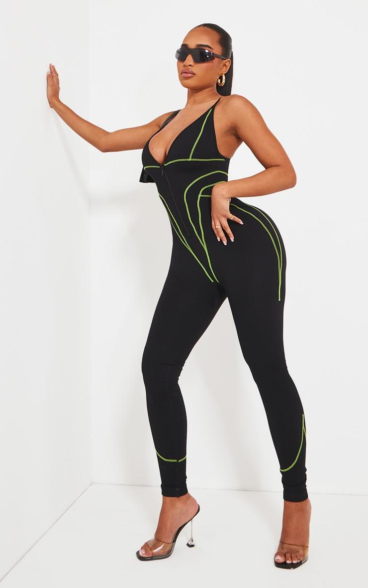 Shape Black Branded Contrast Stitch Zip Detail Gym Jumpsuit Product Image