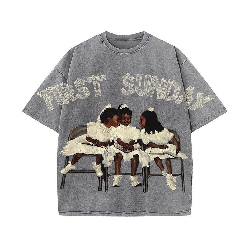 First Sunday Retro Graphic Print Acid Washed T-Shirt Product Image