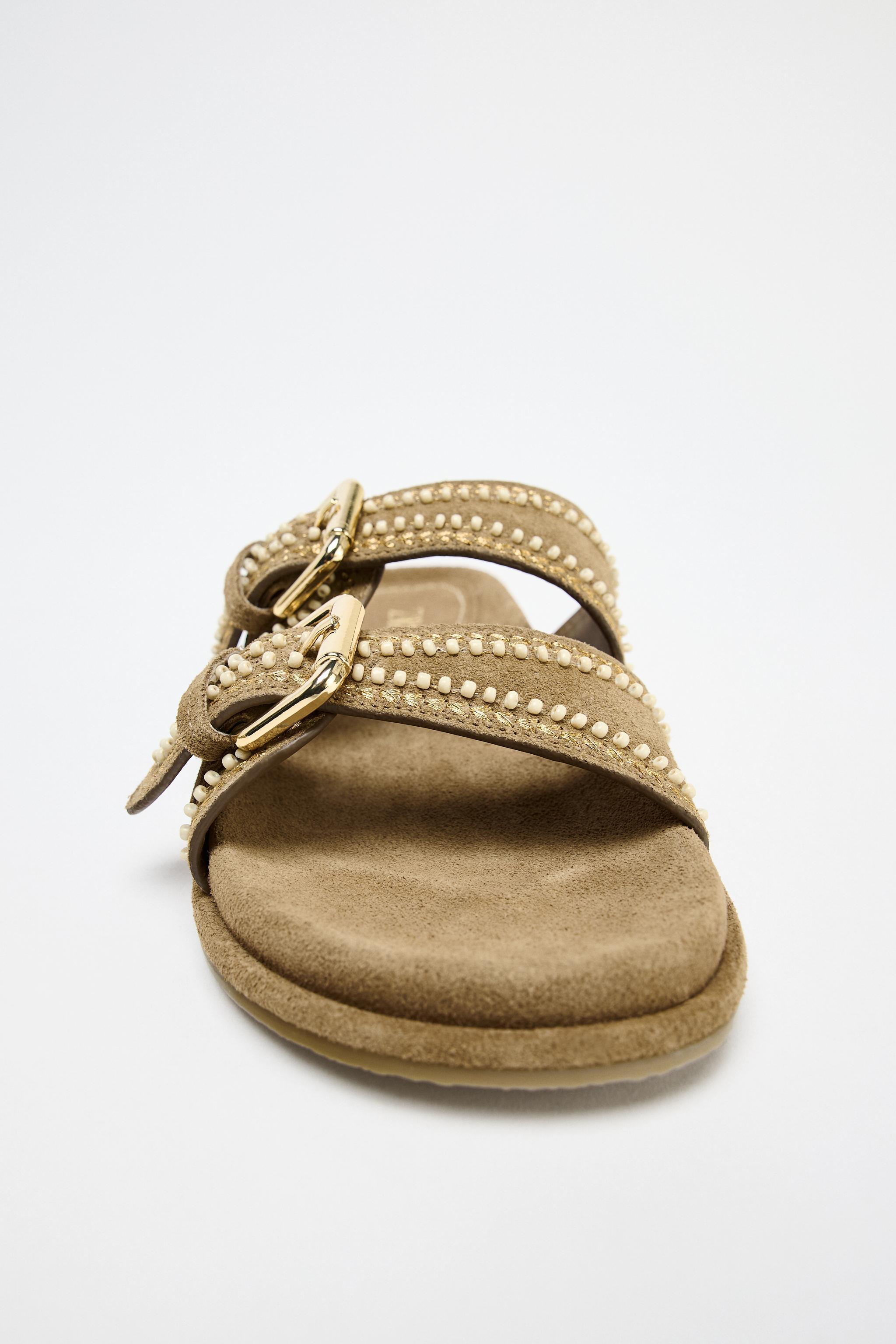 EMBROIDERED SUEDE SLIDE SANDALS Product Image