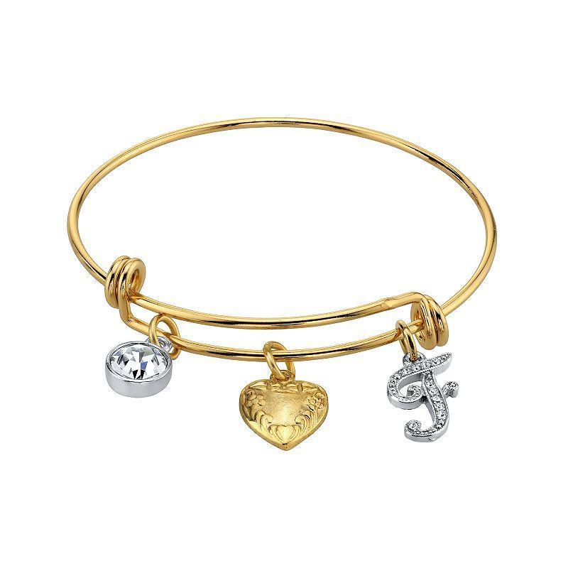 1928 Two Tone Crystal, Heart & Initial Charm Bangle Bracelet, Womens Product Image