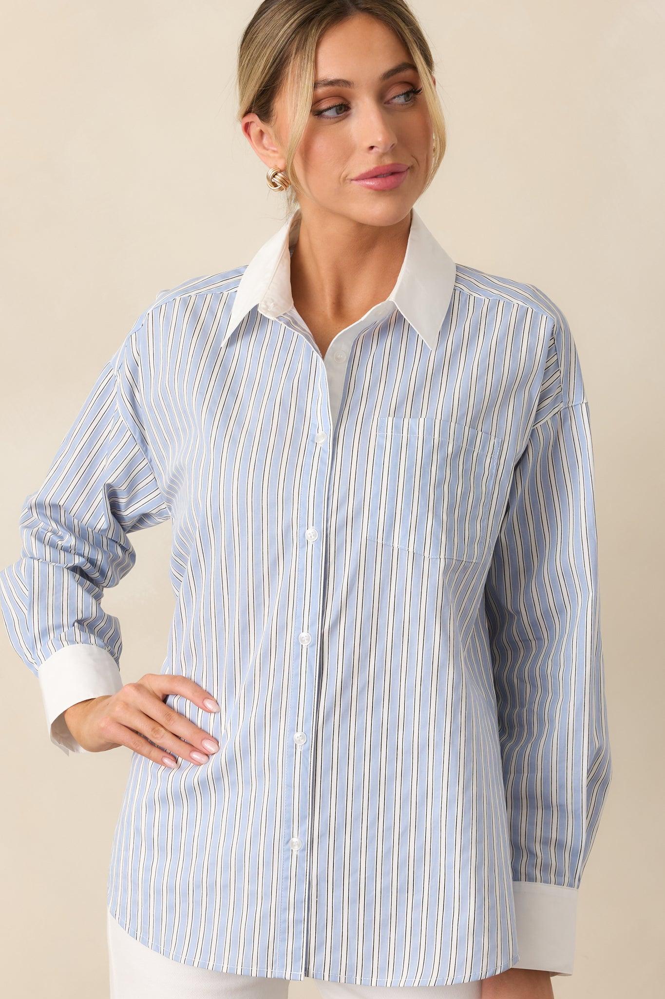 A Natural Leader Blue Stripe Cotton Oxford Button Up Top Product Image