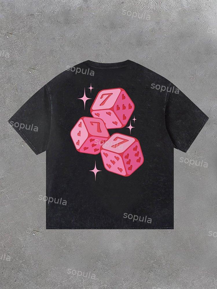 Street Vintage Pink 777 Fun Dice Print Acid Washed T-Shirt Product Image