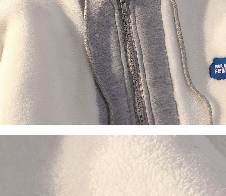 Lettering Applique Drawstring Fleece Panel Zip Hoodie Product Image