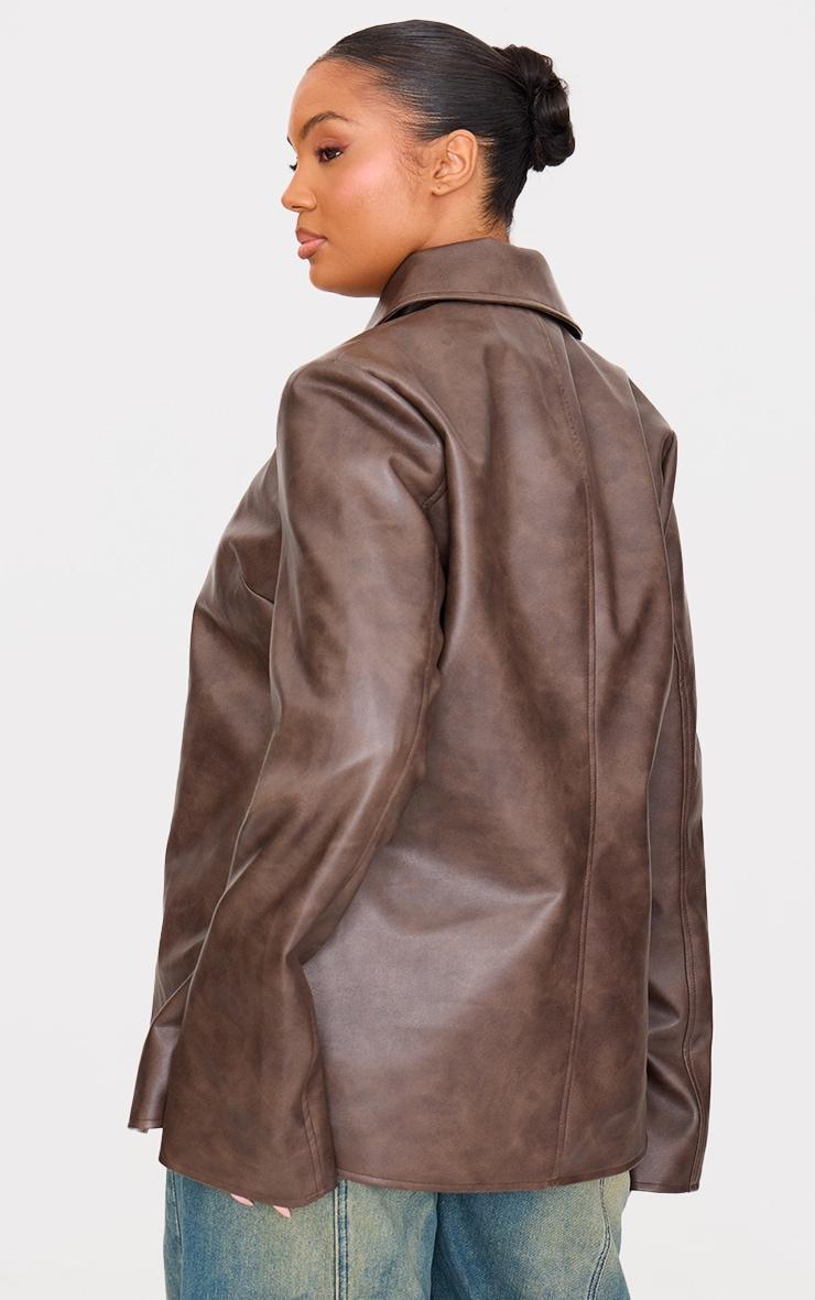 Plus Brown Washed Split Hem Oversized Collar Detail Faux Leather Jacket Product Image