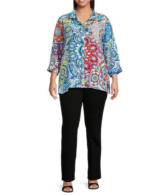 Ali Miles Plus Size Medallion Print Wire Collar 3/4 Sleeves Button Front Tunic Product Image