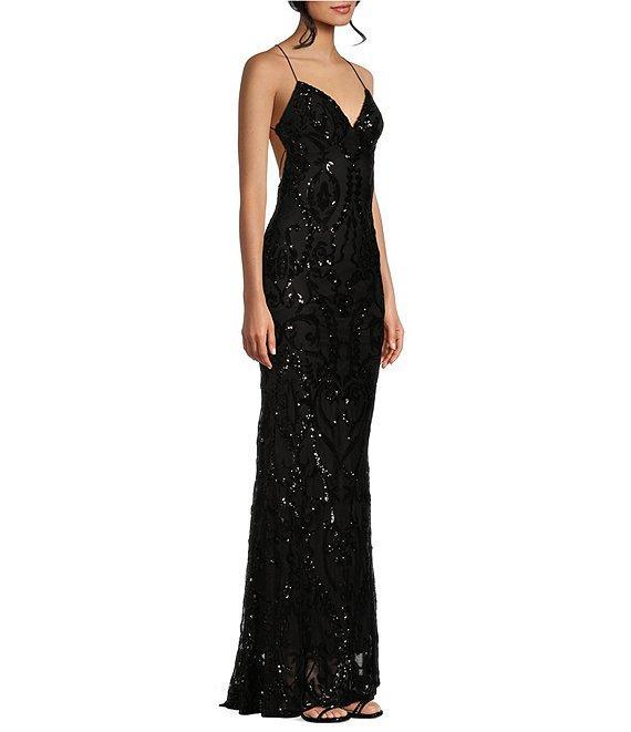 B. Darlin Spaghetti Strap Placement Sequin Long Dress Product Image