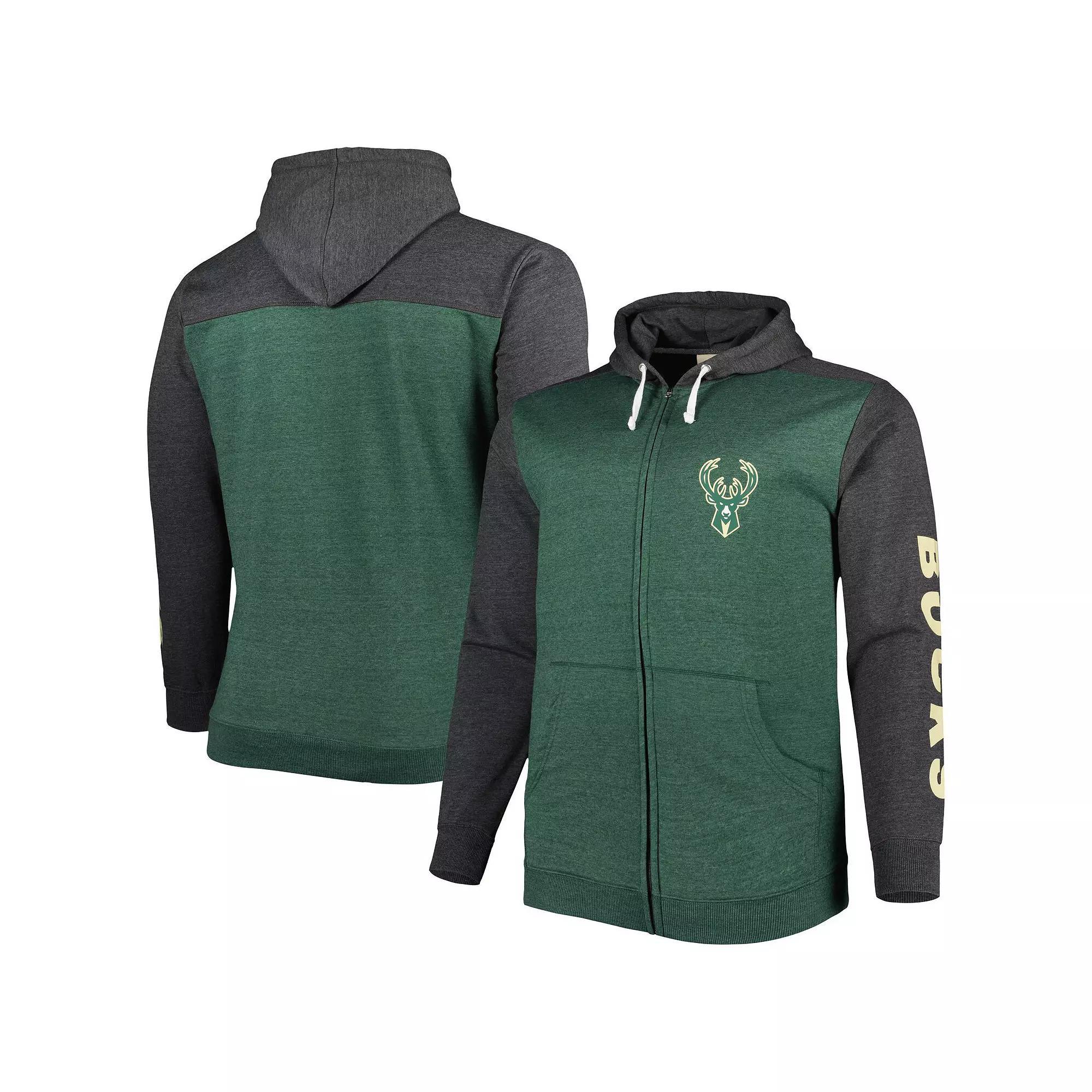 Men's Fanatics Branded Heathered Hunter Green/Heathered Black Milwaukee Bucks Big & Tall Down and Distance Full-Zip Hoodie, Size: 2XB, Team Product Image