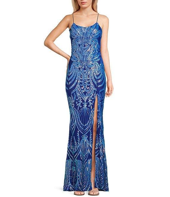 Midnight Doll Sequin Pattern Scoop Neck Spaghetti Strap Side Slit Gown Product Image