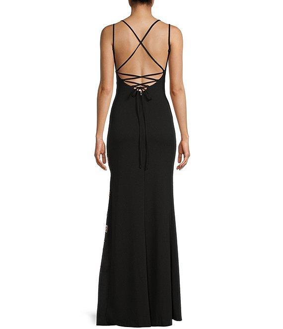 Honey and Rosie Sequin Floral Lace Square Neck Spaghetti Strap Lace Up Back Gown Product Image