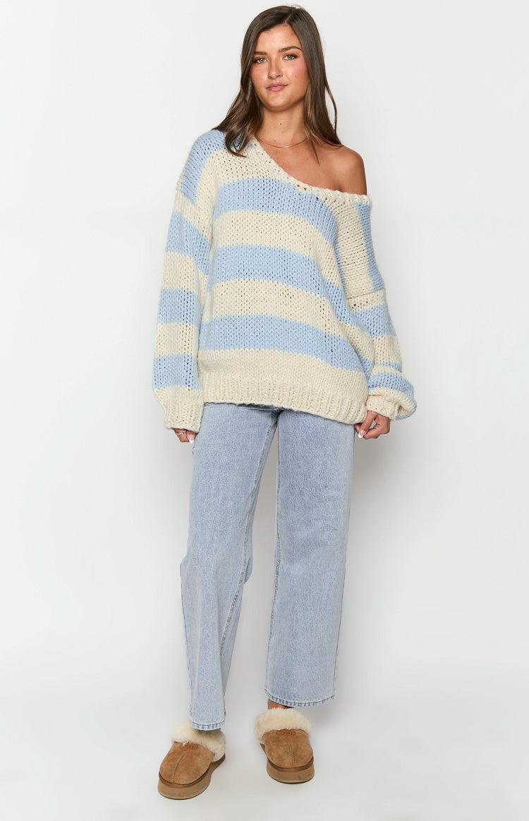 Delvey Light Blue Striped Chunky Knit Sweater Product Image