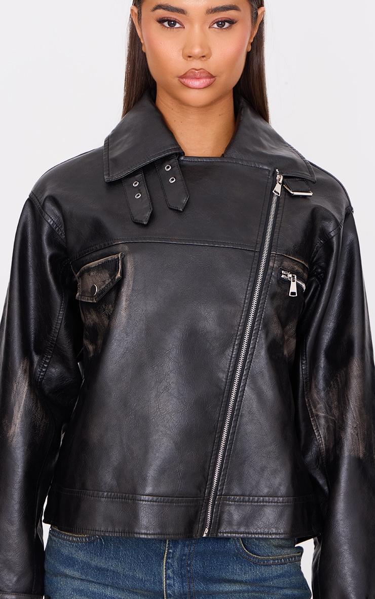 Black Worn Faux Leather Oversized Biker Jacket Product Image