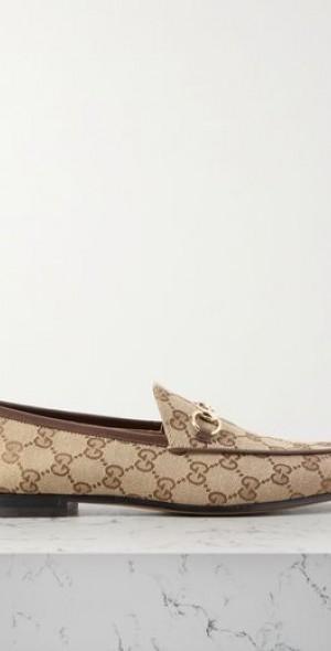 Jordaan horsebit-detailed leather-trimmed canvas-jacquard loafers Product Image