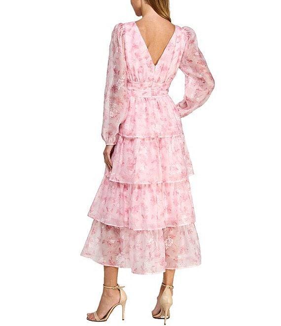 Layered With Love Amanda Organza Chiffon Floral Print V-Neck Long Sleeve Ruffle Tiered A-Line Midi Dress Product Image