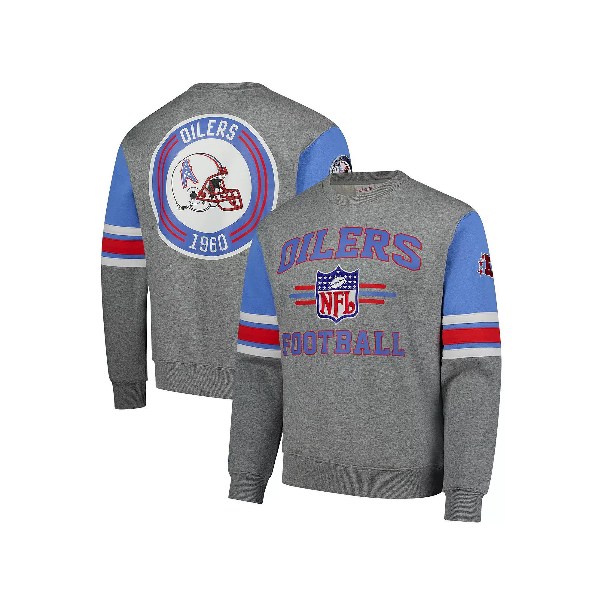 Men's Mitchell & Ness Heather Gray Houston Oilers All Over 4.0 Vintage Logo Pullover Sweatshirt,  Product Image