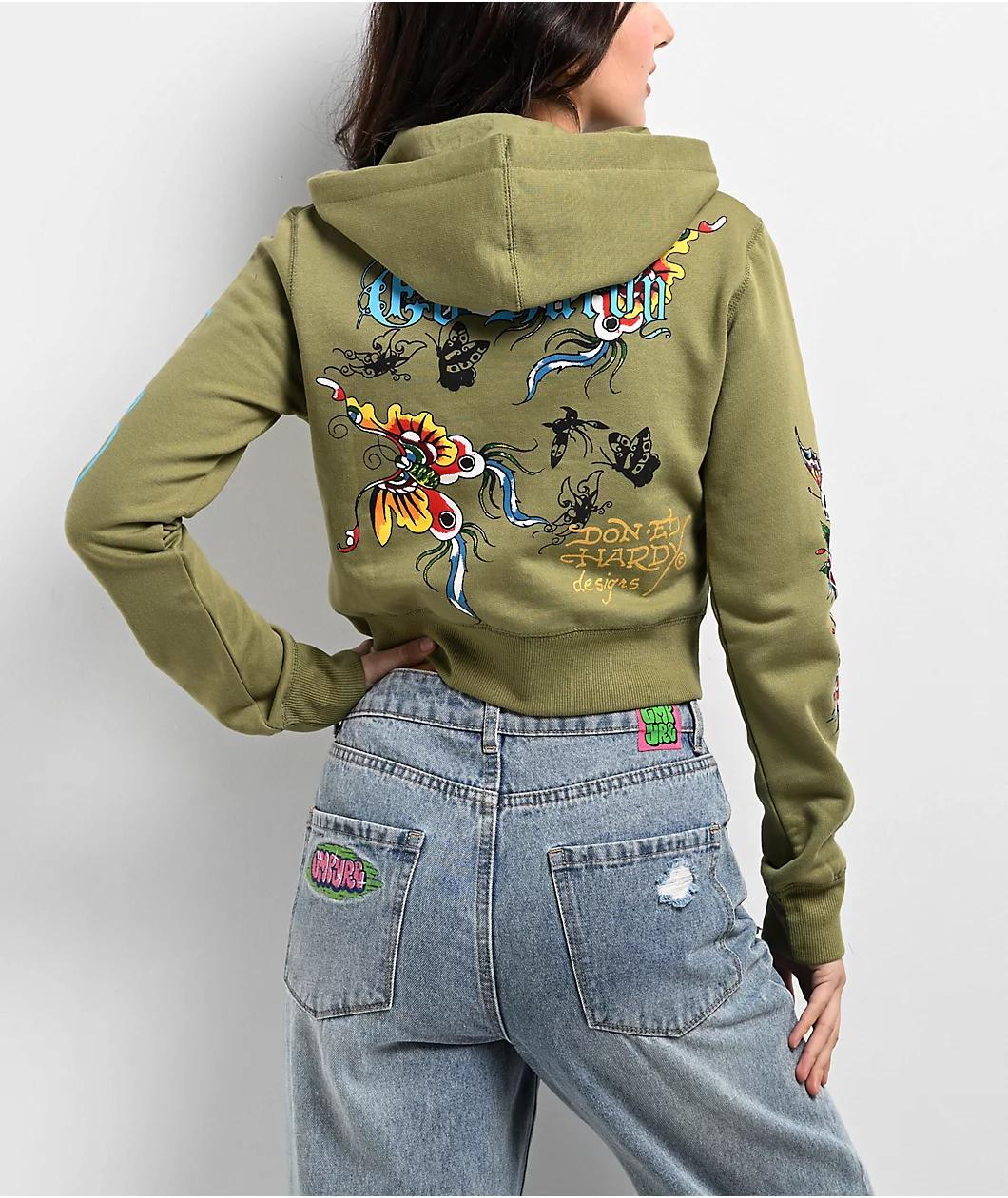Ed Hardy Butterflies Y2K Olive Crop Zip Hoodie Product Image