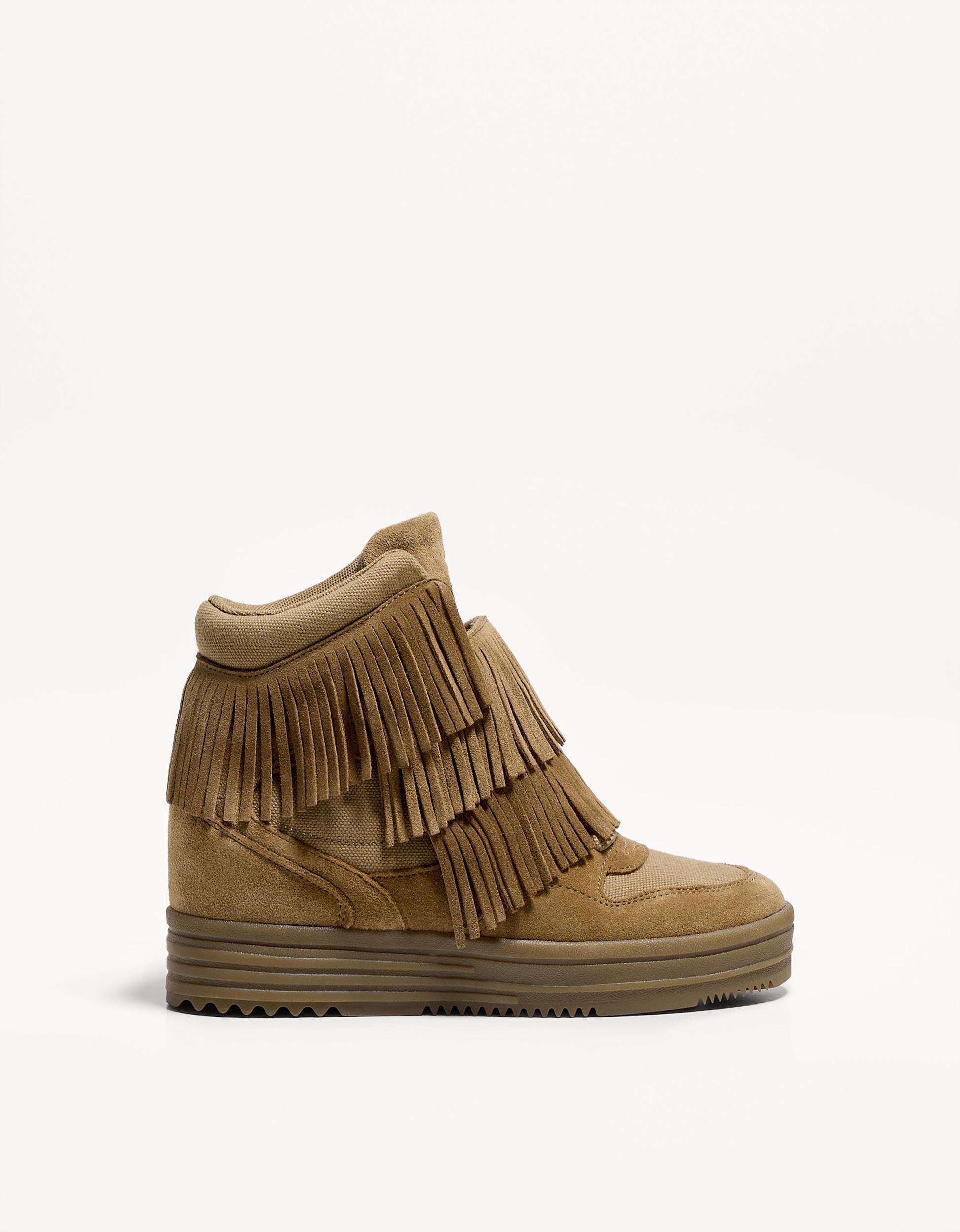 Leather wedge high-top sneakers with fringing Product Image