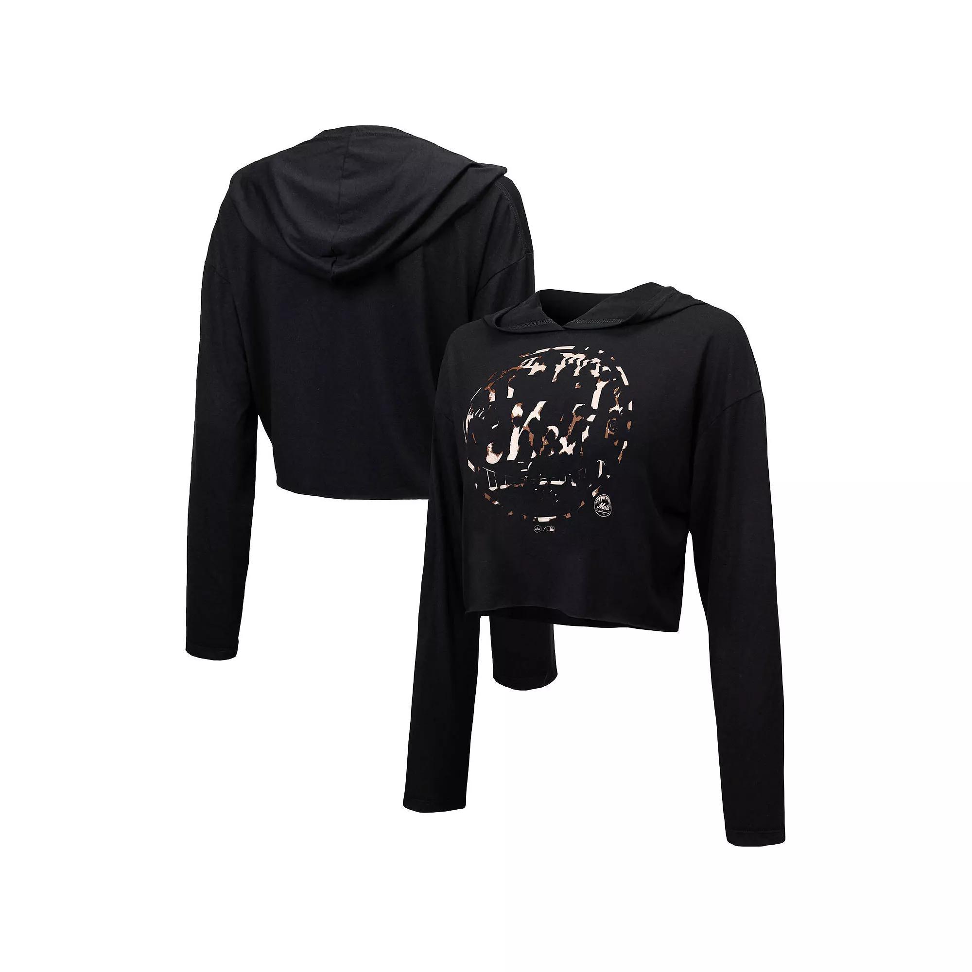 Women's Majestic Threads Black New York Mets Leopard Cropped Hoodie, Size: Large Product Image
