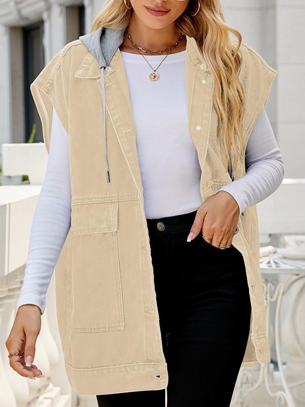 Loose Sleeveless Buttoned Detachable Hooded Pockets Split-Joint Lapel Collar Vest Outerwear Product Image