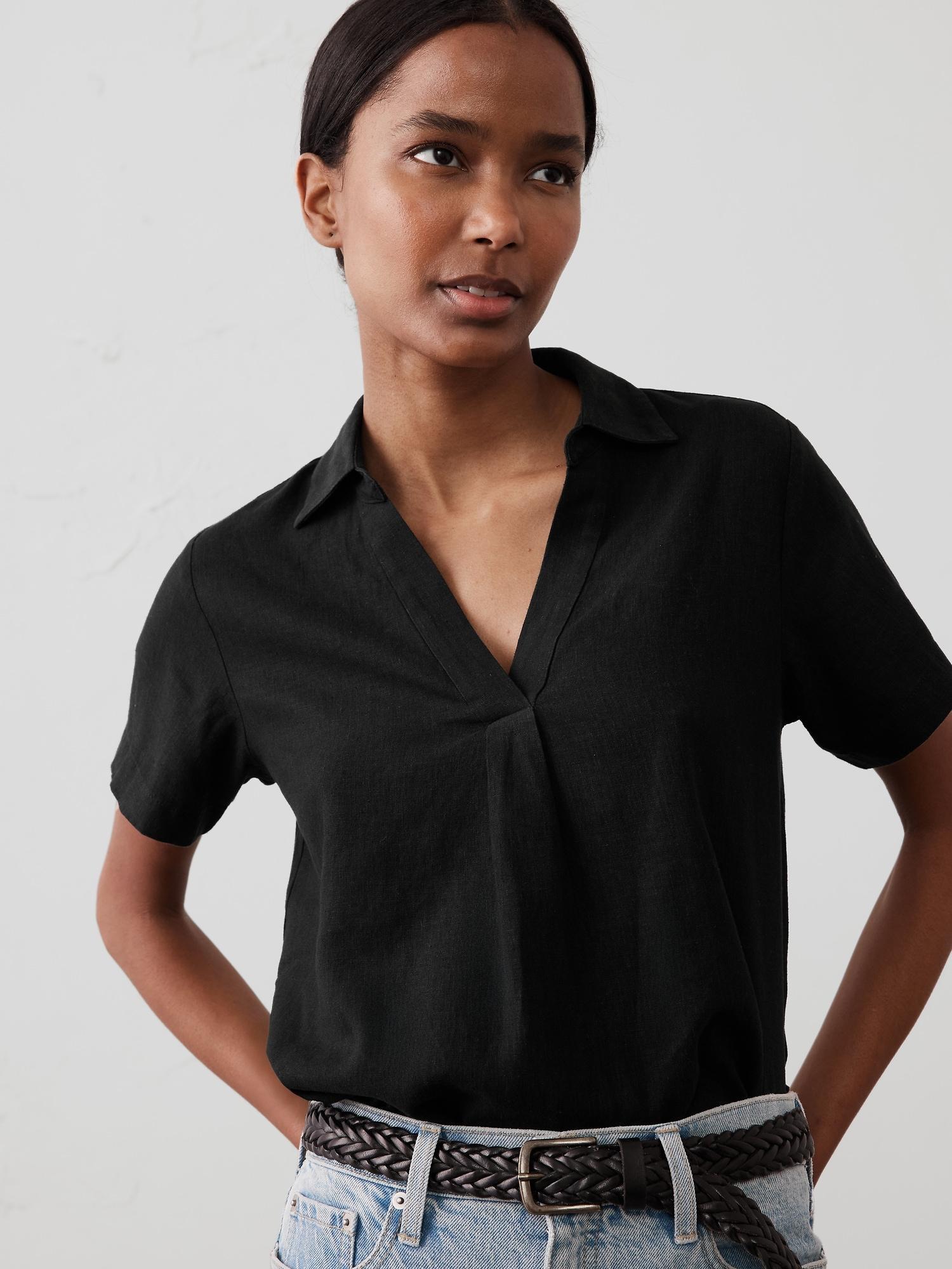 Linen-Blend Collared Top Product Image