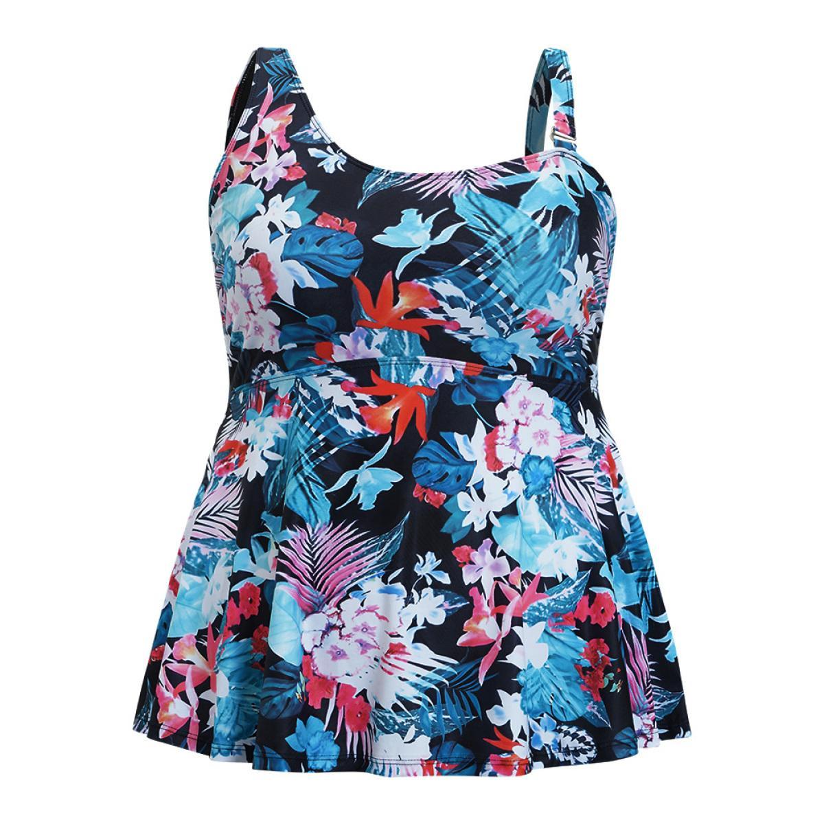 Plus Size Floral Printed Asymmetrical Ruffles Hem Tankini Top Women's Swimwear BlackFlower Vacation Adjustable Straps High stretch Bodycon Asymmetrical Neck Curve Swim Tops BloomChic 10/M Product Image