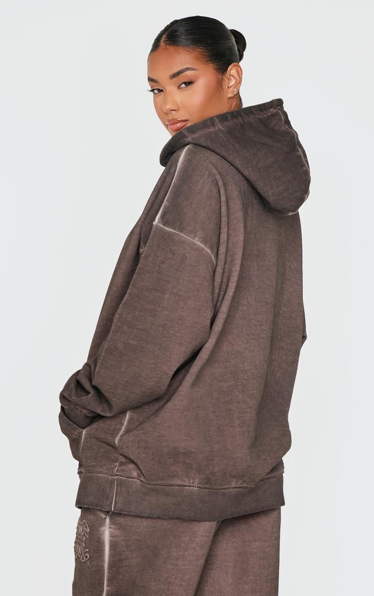 PRETTYLITTLETHING Washed Brown Premium Embossed Oversized Hoodie Product Image