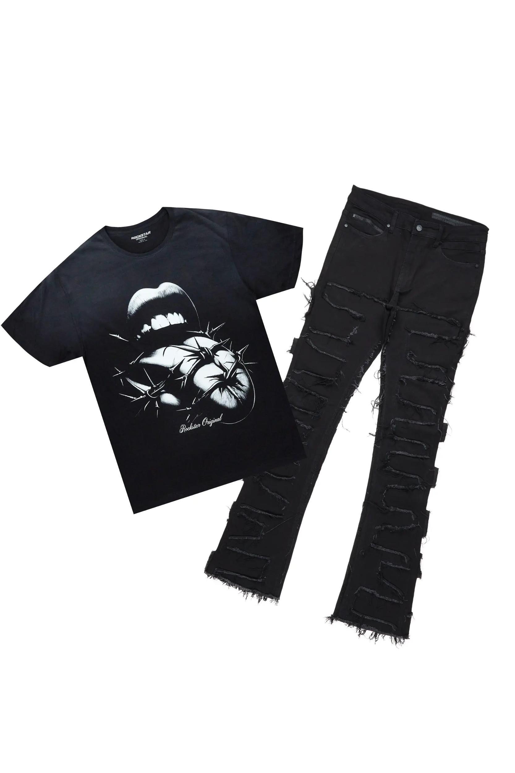 Schmear Black T-Shirt/Stacked Flare Jean Bundle Male Product Image