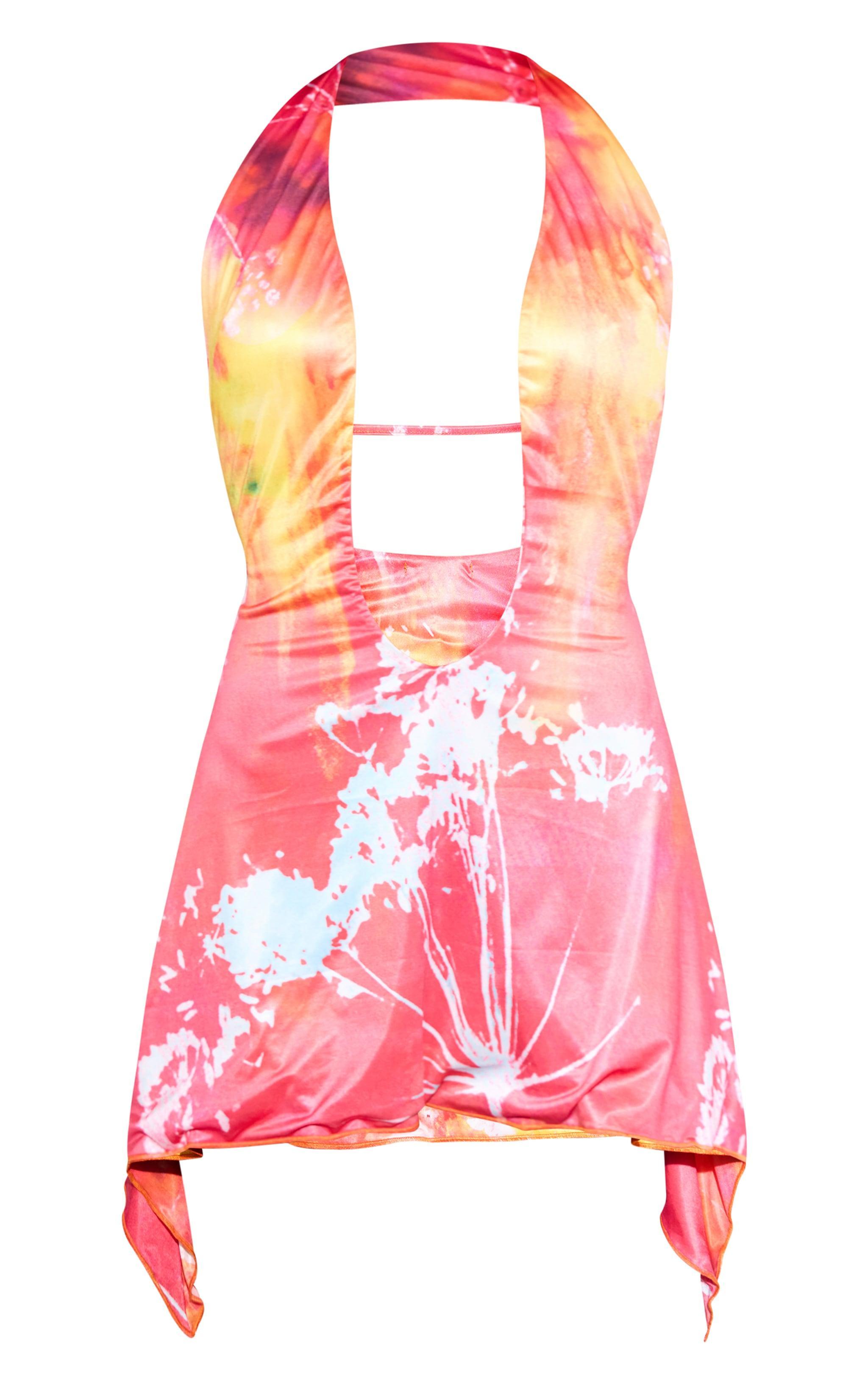 Premium Multi Abstract Printed Double Layer Slinky Plunge Bodycon Dress Product Image