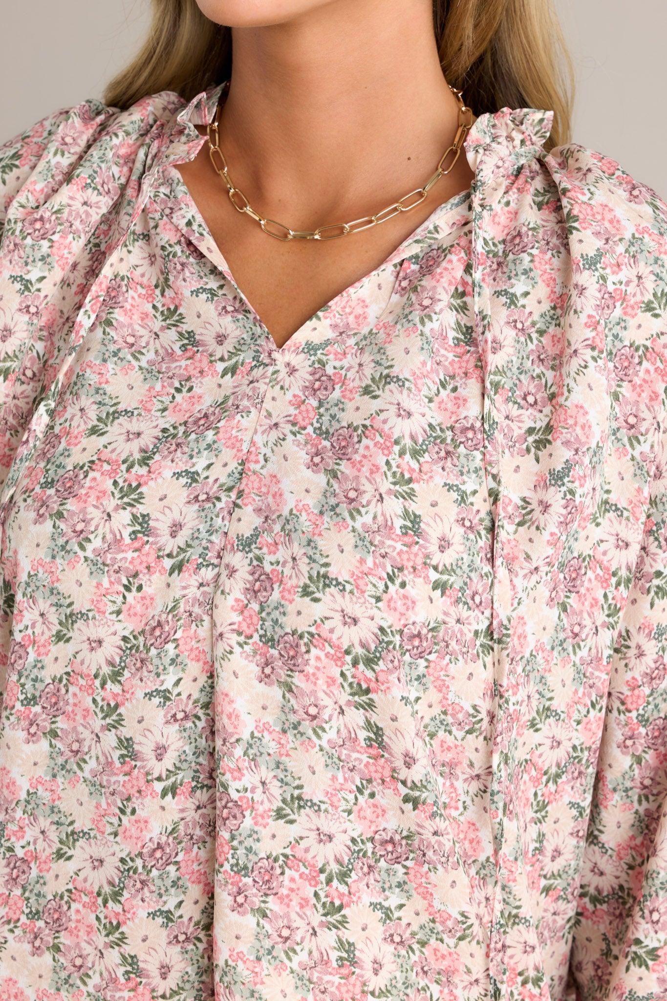 Perfect Harmony Pink Floral Bishop Sleeve Top Product Image