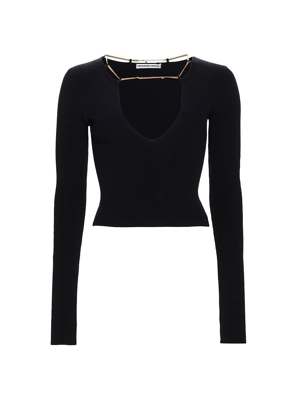 Alexander Wang V Neck Long Sleeve Top With Logo Necklace Black. (also in ). Product Image