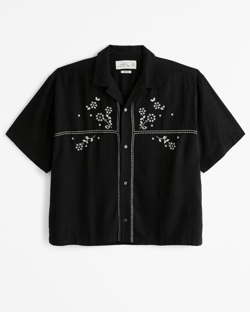 Camp Collar Cropped Summer Linen-Blend Embroidered Shirt Product Image