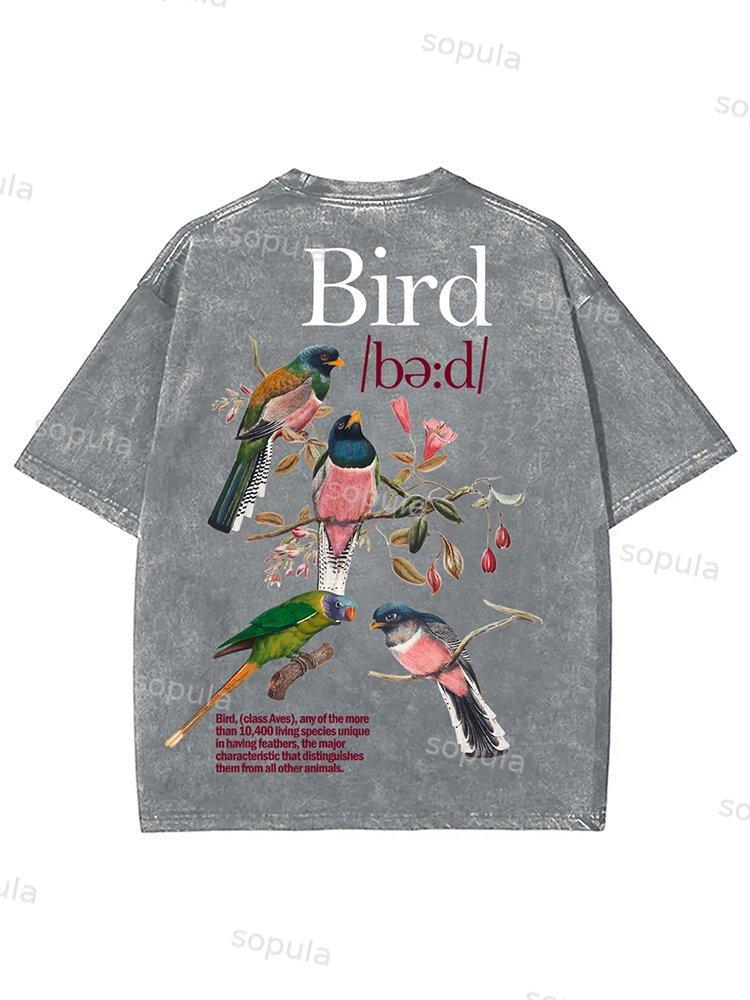Bird Print Graphic Vintage Acid Wash Cotton T-Shirt Product Image