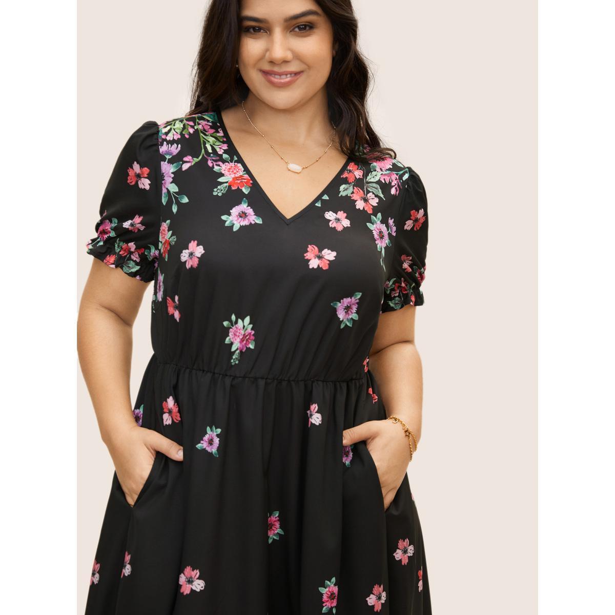 Plus Size Boho Print V Neck Elastic Waist Dress Black Women Elegant Gathered V-neck Short sleeve Curvy BloomChic 10/M Product Image